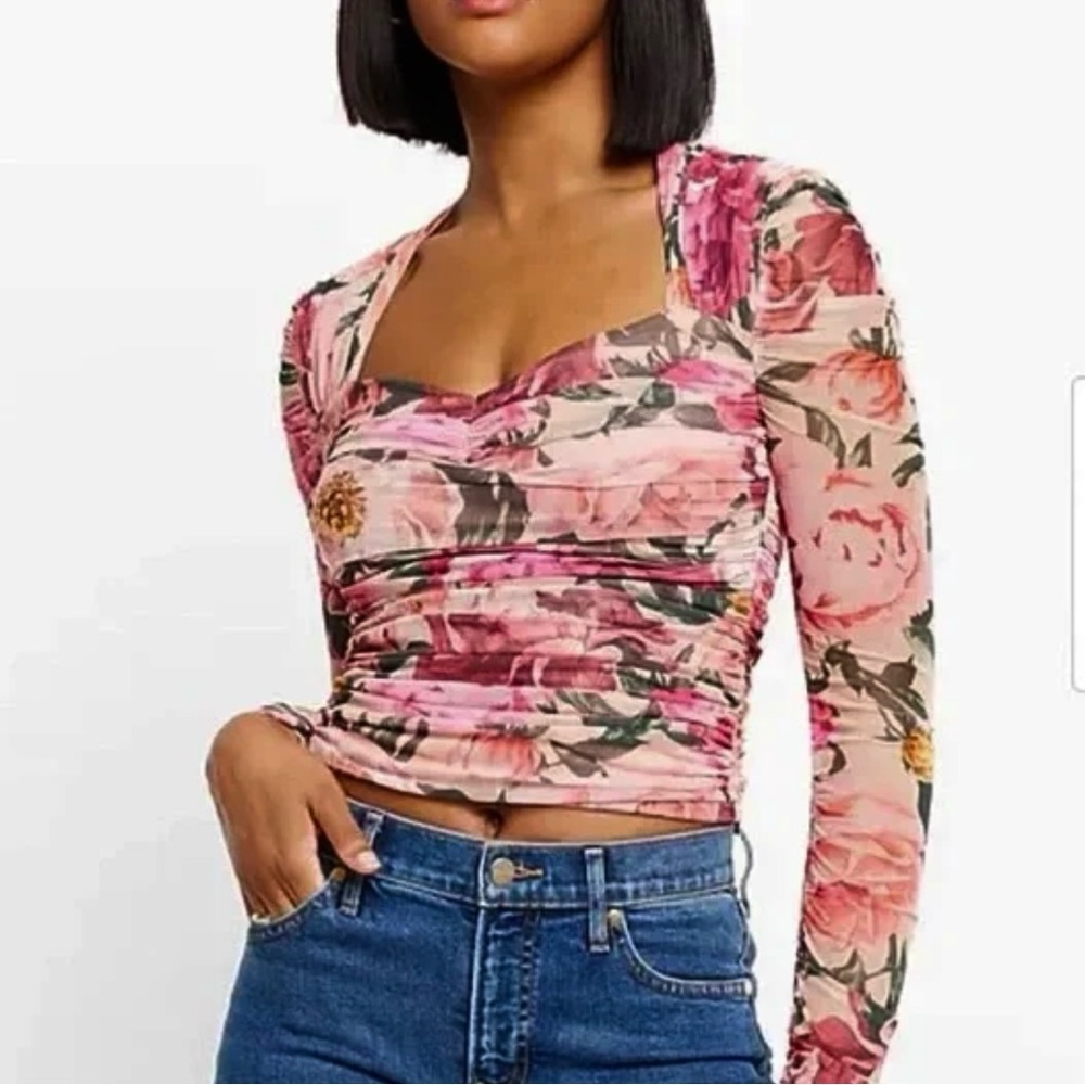 Express Body Contour Crop Top Pink Floral Mesh NWT S Romantic Soft Girl Y2K